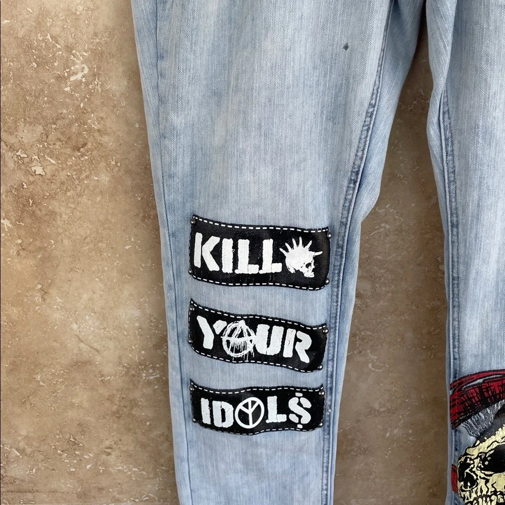 Watson Jeans Size 36 Skull Patch Distressed Punk Slogan Light Blue Graphic Denim